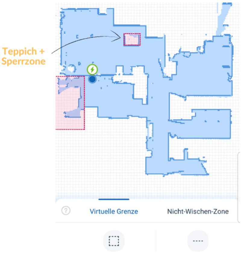 Der Teppich wird in der Ecovacs Deebot T9 App als eine schraffierte Fläche dargestellt